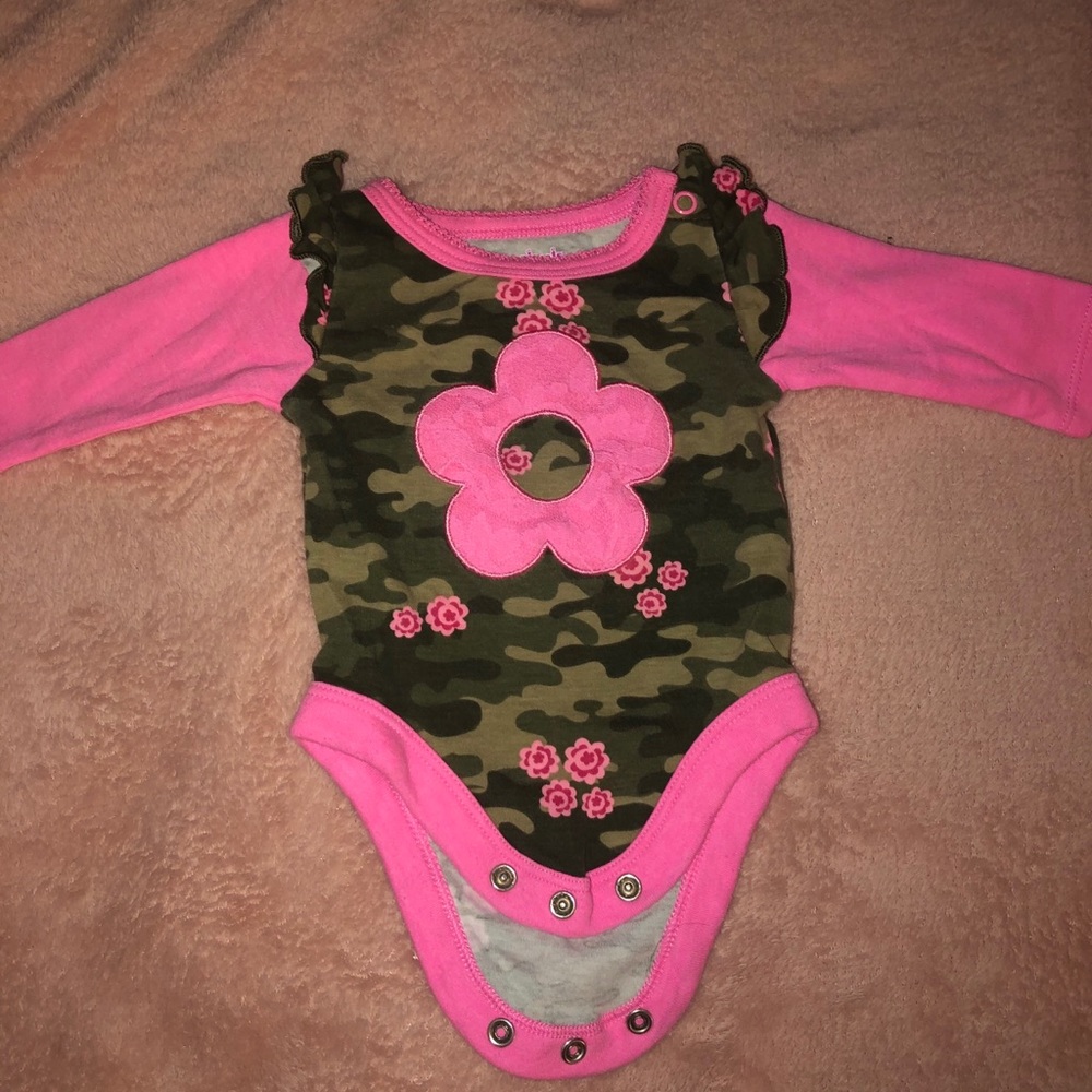 Pink and camouflage print onesie
